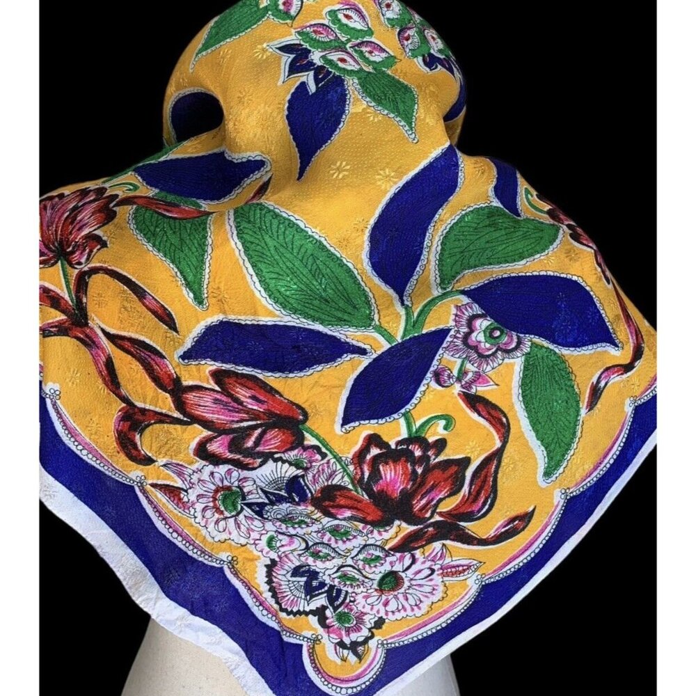 Vintage Bold Floral Brocade Art Scarf Japan Selvedge Yellow Blue Green Red Rayon